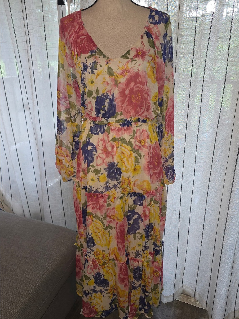 Floral V-Neck Tiered Maxi Dress in Pink, Yellow & Blue